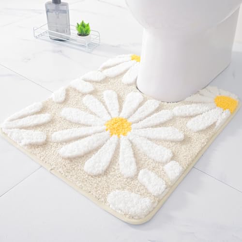QJHOMO Toilet Rugs U Shaped, Beige Toilet Mat Cute Daisy Contour Bath Rug, Thick Soft Machine Washable Toilet Carpet, Non Slip Bathroom Floor Mats Super Absorbent Microfiber Bath Rugs (20x24 inch) - color: Beige, size: 1'8" x 2' (U-Shape)