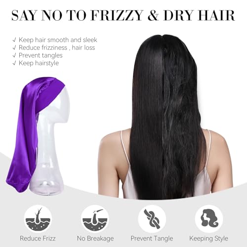 Braid Bonnet-Mesh Hair Nets for Sleeping Set Long Hair Bonnet Satin Reusable Elastic Mesh Wrap Cap for Curly, Braids Hair Anti Frizz 2 Piece Set (black net, dark purple bonnet) - color: Black Net, Dark Purple Bonnet