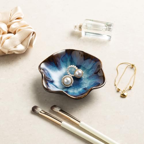 Ceramic Lotus Leaf Trinket Dish, Ring Holder for Jewelry | Keeps earrings, necklaces, keys, and keepsakes handy on vanities or nightstands, a sweet gift for moms, sisters, and friends - color: blue