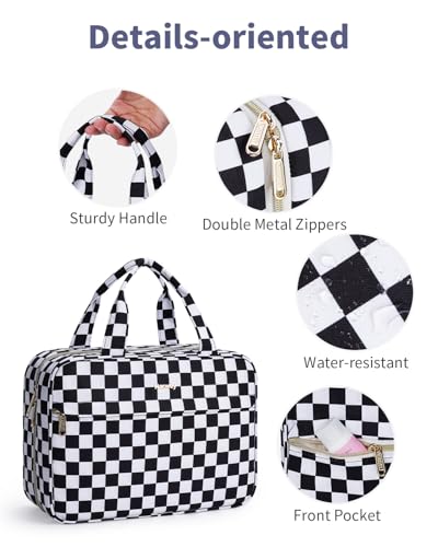 Narwey Hanging Travel Toiletry Bag for Women Checkered Makeup Bag Organizer Cosmetic Make up Toiletries Bag for Travel Essentials Accessories (Black Checkerboard, Large) - color: Black Checkerboard, size: Large