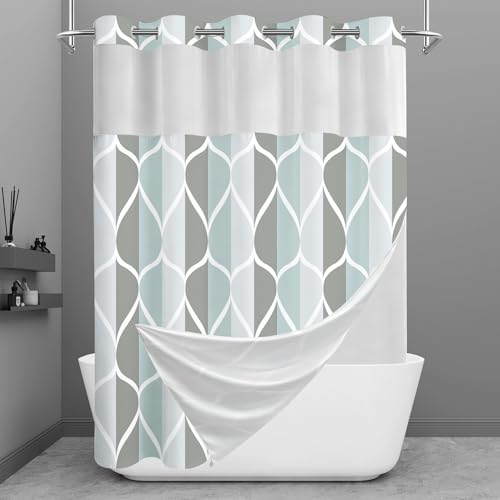 Yiatn No Hook Grey Shower Curtain with Snap in Liner Set - Hotel Style with See Through Mesh Top Window, Modern Geometric Waterdrop Design,Water-Repellent & Washable, 71x74 INCH - color: A. Grey, size: 71"W x 74"L (Pack of 1)