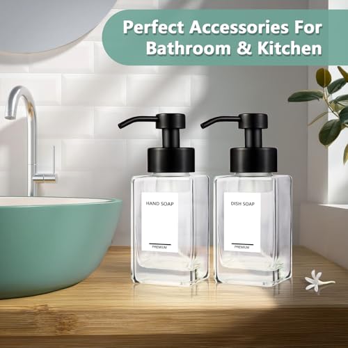 Foaming Soap Dispenser 2 Pack, 12oz/350ml Glass Foaming Hand Soap Dispenser Set with Stainless Steel Pump, Square Refillable Foam Pump Bottles for Bathroom&Kitchen,Includes 6 Labels - color: Clear