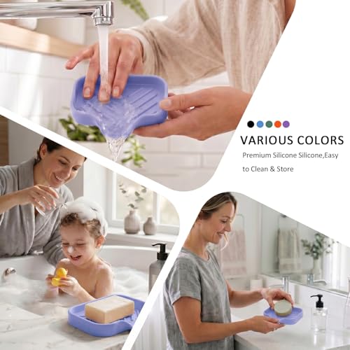 MicoYang Silicone Soap Dish with Drain Spout, Self-Draining Sink Organizer Tray for Bathroom & Kitchen, Sponges, Dispensers & Soap Holder, Non-Slip & Dishwasher Safe, Light Purple (Compact, 4.9"×3.2") - color: Light Purple, size: S(4.9"×3.2")