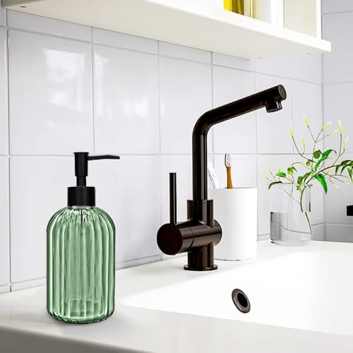 2 Pack 14oz Glass Soap Dispenser with Black Pump – Refillable for Hand Soap, Dish Soap, Lotion, Suited for Kitchen, Bathroom & Laundry Room(Olive Green) - color: Olive Green