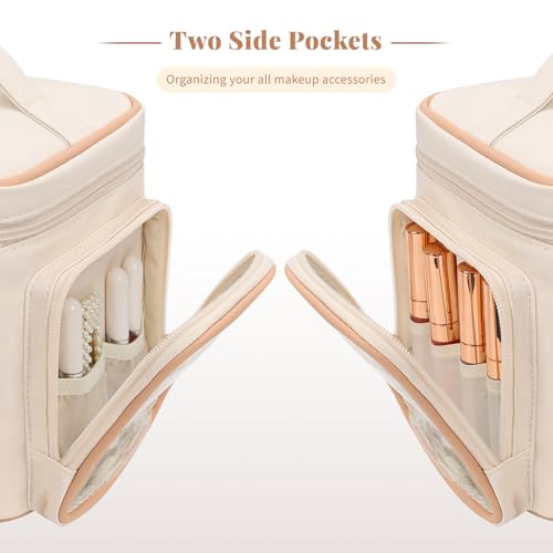 Bagmoly Large Makeup Bag, Portable Travel Makeup Bag Organizer for Women Girls with Makeup Brush Compartment & Two Side Pockets, Cosmetic Travel Bag Vertical Storage Toiletry - White - color: 02-White, size: Medium