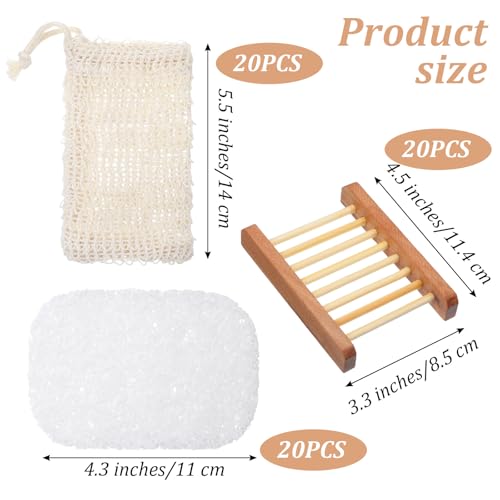 60Pcs Soap Saver Set, Soap Accessories Including Wooden Dish, Exfoliating Bag, Saver Pads Bulk with Self Drain, Bar Holder Mesh Bag for Shower Bath Home Toilet Kitchen Hotel Restaurant
