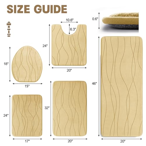 YIHOUSE Bathroom Rugs Set 5 Piece, Memory Foam Bath Mat Beige | Ultra Soft, Absorbent, Non-Slip, Machine Washable, for Bathroom, Sink and Toilet - color: Beige, size: 3'10" x 1'8" (Rectangular)