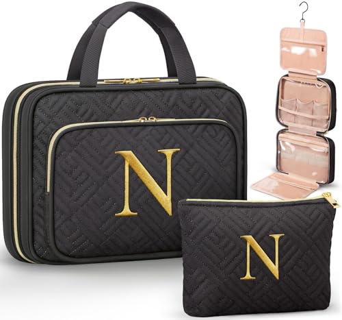 Personalized Gifts for Women, Initial Toiletry Bag Hanging Travel Organizer & Makeup Cosmetic Bag with Embroidery Letter Teacher Appreciation Gift Birthday Mothers Day Gifts for Mom Wife Friend Sister - style: N