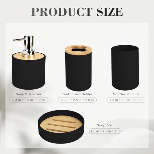 4 PCS Black Bathroom Accessories Set, Includes a Soap Dispenser, Toothbrush Holder, Soap Dish and Mouthwash Cup, Plastics & Bamboo Bathroom Set, Bohemian Style Bathroom Sink Set - color: Black, size: 4 PCS