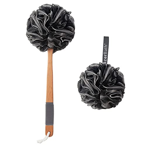 AmazerBath Shower Sponge Loofah Back Scrubber, PE Soft Mesh Loofah Body Scrubber with Long Wooden Handle, Bath Sponge for Men Women (Black) - style: Black