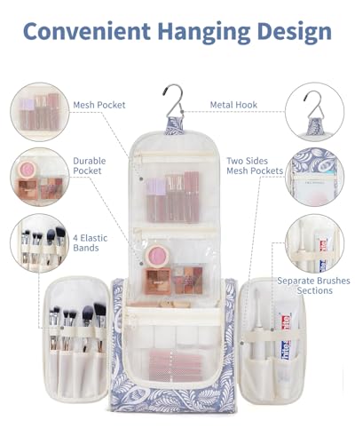 Narwey Hanging Toiletry Bag for Women Travel Makeup Bag Organizer Toiletries Bag Men for Cosmetics Essentials Accessories(Large, Blue Leaf) - color: B-Blue Leaf, size: Large