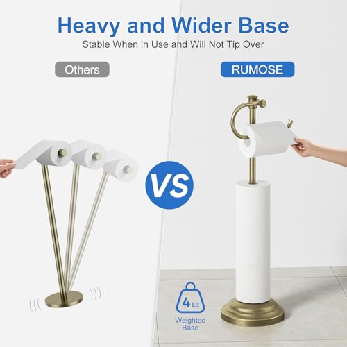 RUMOSE Toilet Paper Holder Stand for Floor, Antique Brass Bathroom Free Standing Toilet Tissue Roll Holder with Storage, Adjustable 17-25 Inch, SUS304 Stainless Steel - color: Antique Brass