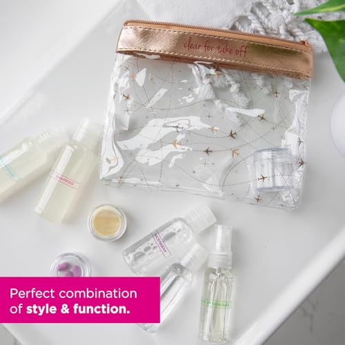 MIAMICA TSA Compliant Travel Bottles and Travel Toiletry Bag – Includes 12 Pieces – 7.55" L x 7.4" W x 1.8" D, Clear – Cute Travel Gifts - color: Black/Gold, size: 12-Piece