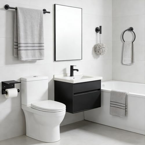 4-Pieces Wall Mount Bathroom Accessories Bathroom Hardware Set,23.6 Inch Stainless Steel Waterproof Towel Bars,Toilet Paper Holder with Shelf,Towel Ring,Coat Hook,Matte Black - color: Matte Black 4pc - Round
