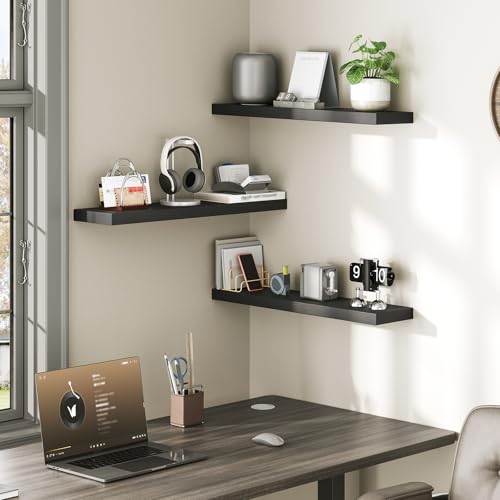 RALGEND Floating Shelves for Wall, 1.5" Thick Wall Shelf Set of 3 with Invisible Brackets, 23.6L x 7.9W Hanging Book Shelves Farmhouse Home Decor for Bathroom, Living Room, Bedroom, Black 6301BJP3BK - color: Black, size: 23.6 Inches