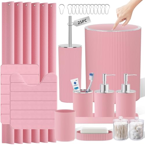Light Pink Bathroom Accessories Set - Bathroom Sets, 25PC Bath Accessory Set, Bathroom Sets with Push Top Trash Can, Shower Curtain and Rugs, Toilet Brush, Trash Can & Soap Dispenser - color: Pink & Silver, size: 25-Piece Set (Accessories + Shower Curtain