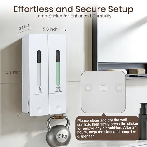 2 Chamber Shampoo and Conditioner Dispenser, No Drill - Wall Mounted Shower Soap Dispenser, Refillable Body Wash Dispenser Set 2, 800ML Capacity, for Bathroom & Hotel, White - color: White Set of 2
