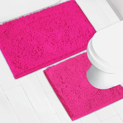 Bathroom Rugs Chenille Bath mat 2 Piece Set, Super Absorbent, Strong PVC Non Slip Backing, Bath mats for Bathroom, Plush Shaggy, Thick, Machine Washable, Bathtub, Toilet.(Hot Pink) - color: Hot Pink, size: 20''×20''U-Shape+20''×32''