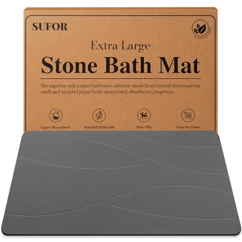 32"x20" Stone Bath Mat, Diatomaceous Earth Shower Mat, Non-Slip Bathroom Floor Mat, Natural, Easy to Clean (Dark Grey)