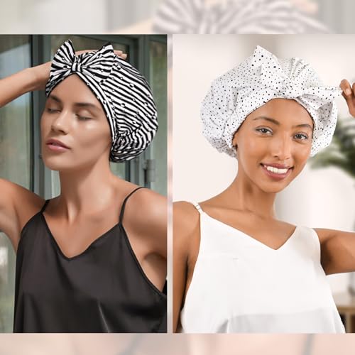 Yanibest Shower Cap for Women Reusable Waterproof, Adjustable Non-Slip Shower Hair Cap, Washable Bath Hat - color: White Dot