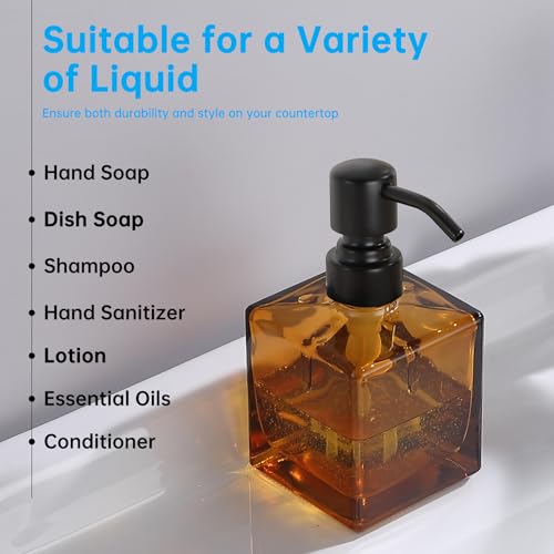 Square Bathroom Soap Dispenser Amber Bottle with Black Pump, Retangle Cube 8.4 oz Glass Bottles with Stainless Steel Pump Hand Liquid Soap Dispenser Kitchen - color: Amber and Black, size: 8.4oz-Square