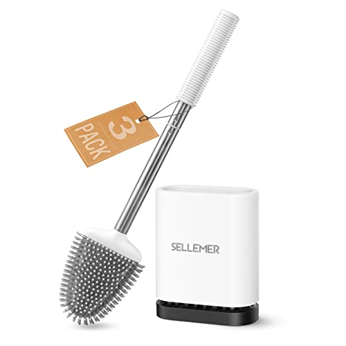 Sellemer Toilet Brush and Holder Set for Bathroom, Flexible Toilet Bowl Brush Head with Silicone Bristles, Compact Size for Storage and Organization, Ventilation Slots Base (3 Pack, White) - color: White-3pcs