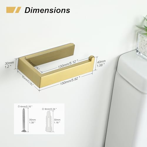 Sayayo Brushed Gold Toilet Paper Holder Wall Mount, Toilet Tissue Holder for Bathroom Tp Holder Square, SUS304 Stainless Steel - color: Gold - Drilling