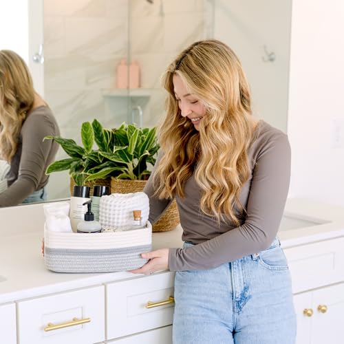 NaturalCozy 11.8"x8"x4.5” Storage Baskets for Shelves 3 Pack | Cotton Rope Woven Small Baskets for Organizing | Small Storage Bins for Nursery, Bathroom, Closet, Cube Shelf, Decorative, Gift Basket - color: Off White & Gray & Mixed Gray, size: 11.8" x 8"