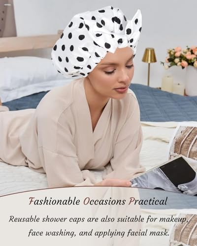 2Pcs Shower Caps for Women Shower Cap Reusable Waterproof Hair Cap for Shower with Adjustable Bowknot Luxury Bath Cap for Women (Black Dot & Pink Dot) - color: Black Dot & Pink Dot