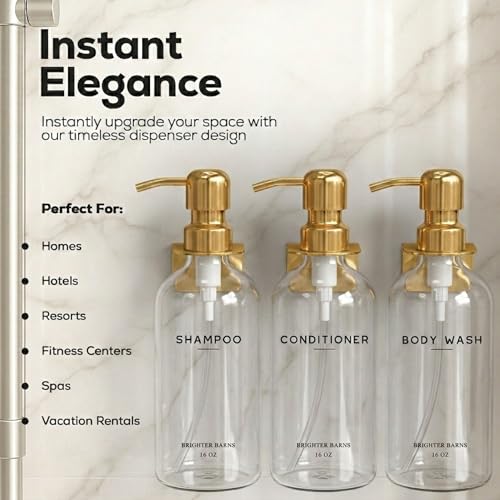 Luxury Shampoo and Conditioner Dispenser Set Wall Mounted by Brighter Barns - No-Drill Shower Soap Dispenser Set & Stainless Steel Pumps - Refillable Shampoo Bottles - Gold Bathroom Decor (Clear Gold) - color: Modern (Clear Gold)