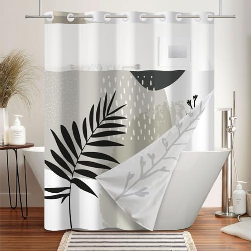No Hook Boho Shower Curtain and Liner Set 71 x 74 Inch | Gray Abstract Botanical Design, Waterproof Fabric Bath Curtain for Mid Century Modern Bathroom, Hotel, Breathable Mesh Top - color: Gray 02