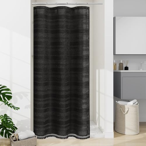 Small Stall Boho Farmhouse Shower Curtain with Tassel, Linen Bohemian French Country Chic Bathroom Shower Curtain Set, Modern Striped Textured Shower Curtain 36x72 - Black - color: Black, size: 36"W x 72"L (Pack of 1)