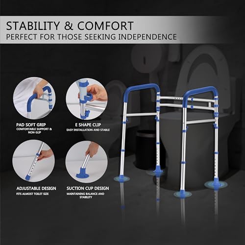 Lianjindun Toilet Safety Rails (350 lb), Adjustable Toilet Frame for Elderly, Seniors, Handicap & Disabled, Foldable Handicap Toilet Handles Fit Any Toilets（Dark Blue） - color: Dark Blue