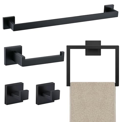 JOPOFI 5 Piece Towel Bar Set - 23.6Inch Bathroom Towel Holder - Matte Black | Stainless Steel Towel Racks for Bathroom Wall Mounted, Towel Rod for Bathroom Wall - color: Matte Black（5 Piece）, size: 23.6 inch