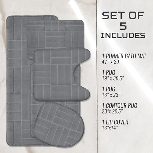 5 Piece Bathroom Rugs Set - Soft Non Slip Memory Foam Large Mats - Perfect Combination of Luxury and Comfort (Gray/Line, 5 Piece Set) - color: Gray /Line