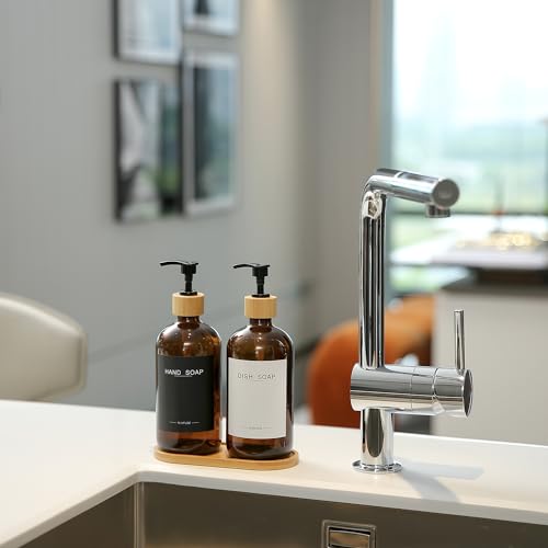 Amber Glass Soap Dispenser with Bamboo Pumps&Tray&Labels, Hand Dispenser, Lotion Dispenser, Dish Soap Dispenser for Kitchen Sink. (Amber) - color: Amber