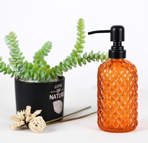 12Oz Glass Soap Dispenser with 304 Black Rustproof Stainless-Steel Pump, Refillable Glass Soap Dispenser for Kitchen, Bathroom, Farmhouse - color: Orange