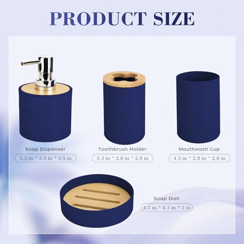 4 PCS Navy Blue Bathroom Accessories Set, Includes a Soap Dispenser, Toothbrush Holder, Soap Dish and Mouthwash Cup, Plastics & Bamboo Bathroom Set, Bohemian Style Bathroom Sink Set - color: Navy Blue, size: 4 PCS