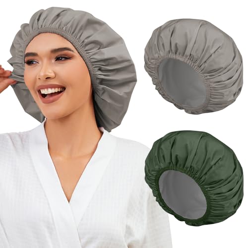 2 Pack Shower Caps for Women, Reusable Waterproof Shower Cap with Elastic Band, Thickened Waterproof Fabric Shower Bonnet for Braids, Long Hair - color: Olive Green/Light Gray