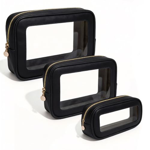 3-Piece Travel Clear Makeup Bag Set, Small Large Clear Cosemetic Bag with Makeup Brush Bag Waterproof Makeup Pouch with Zipper Toiletry Bags For Traveling Car Accessories for Women (Black Set) - color: Black Set