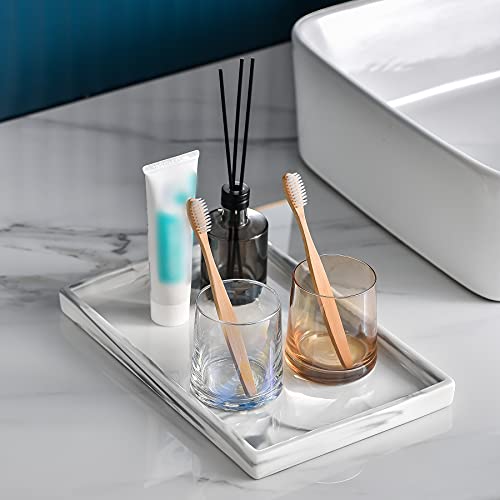 Vanity Bathroom Tray,Perfume Organizer Jewelry Plate Holder White Marble Tray Decorative Ceramic Rectangle Small Tray Serving Tray - color: Pale, size: 6.3" x 11.3" x 1"