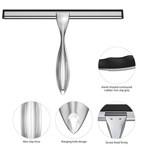 14-Inches Stainless Steel Shower Squeegee Set, Include Shower Door Hook, Adhesive Hook and Spare Silicone Blade, Window Squeegee for Shower Glass Door, Bathroom, Mirror, Window and Car Glass - color: Silver, size: 14-inch