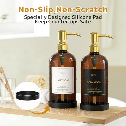 Kitchen Soap Dispenser Set – 16.8oz/500ml Glass Hand and Dish Soap Dispenser with Stainless Steel Pumps & Non-Slip Silicone Base, Luxury Countertop Decor for Home, Airbnb, Office (Amber & Gold) - color: Amber & Gold