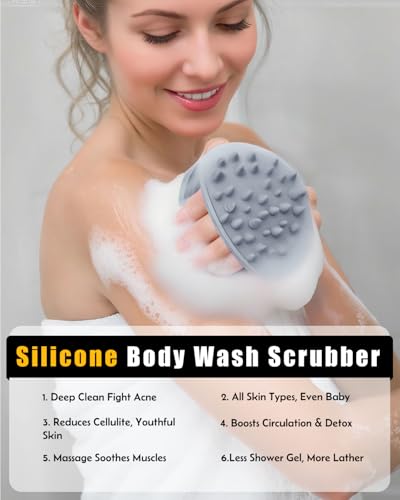2 in 1 Silicone Body Scrubber, Anti Cellulite Massage Scrubber, Exfoliating Shower Brush for Men & Women, Removes Dead Skin, Reduces Cellulite, Improves Circulation, Fast Dry, Non Slip (1PC, Grey) - color: Grey, size: 1PC