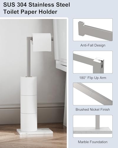 Freestanding Toilet Paper Holder Stand Brushed Nickel SUS 304 Stainless Steel Rustproof 22 Inch Rotating Bathroom Tissue Roll Holder for 4 Rolls with Marble Base by HOMEMYSTIQUE - color: Brushed Nickel
