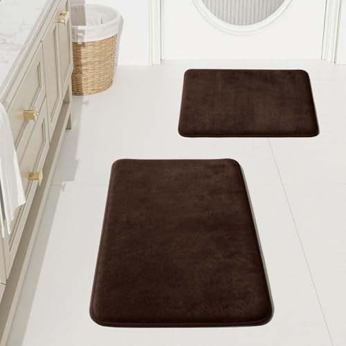 HUXMEYSON Bathroom Rugs Sets 2 Piece, Non-Slip & Quick Dry Bath Mat Set, Ultra Soft Velvet Bath Rugs for Bathroom, Toilet and Shower Floor, Brown - color: Brown, size: 17"x24"+20"x32"