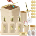 17PCS Bathroom Accessories Set, Beige Bathroom Set Bathroom Accessories Set with Trash Can, Toilet Brush, Toothbrush Holder, Qtip Holder & 3PCS Soap Dispenser - size: Bath Set with Press-Top Trash Can, style: Beige