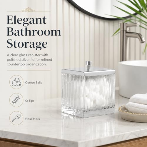 Vince Camuto Home Glass Cotton Jar Holder – Silver Lid, Elegant Bathroom Storage Canister for Qtips, Cotton Balls, Floss, Makeup Organizer, Vanity & Bathroom Organization - color: CLEAR GLASS SILVER LID