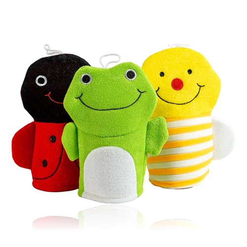 Made Easy Kit Hand Puppet Bath Wash Mitt Towel with Animal Designs with Loofahs for Fun Interactive Bathing Time (Red Green Yellow (No Loofah)) - color: Red Green Yellow (No Loofah)