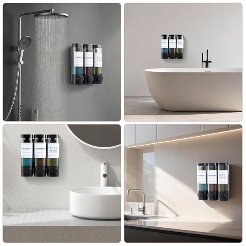 Shampoo and Conditioner Dispenser,Shower Soap Dispenser 3 Chamber No Drill Wall-Mounted for Bathroom & Hotel Leak-Proof Pumps, for Thick Liquids Like Conditioner - 1050ML High Capacity, Black - color: Matte Black